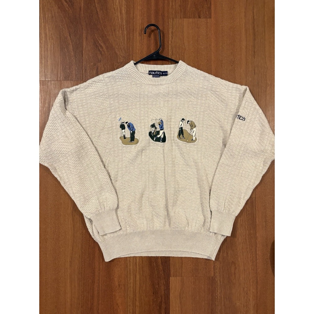 Vintage Nautica XXL Cream Knit Sweater Polo Scenic Appliqué Cotton Linen Ramie
